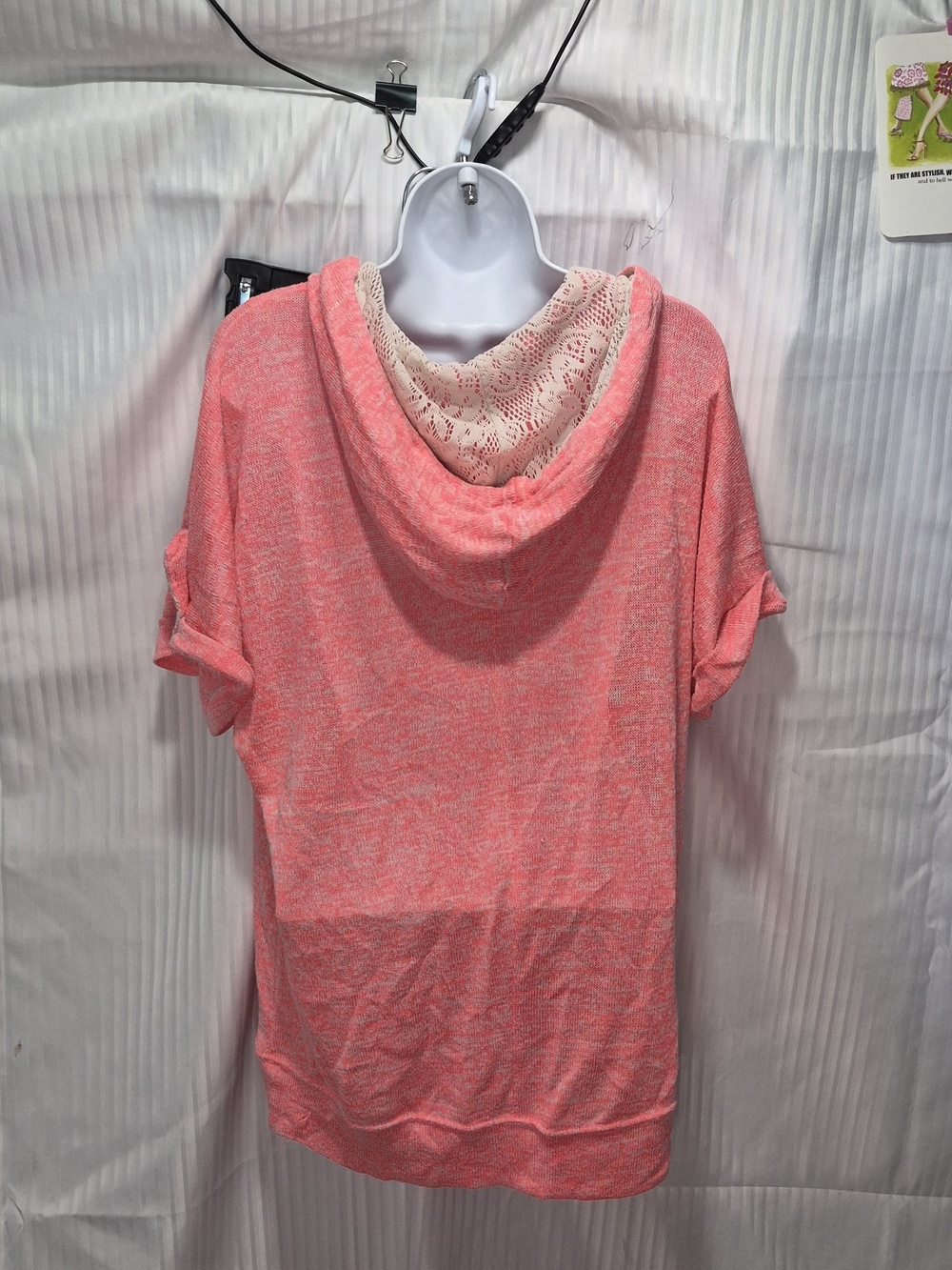 Miss Chievous Women's 2X Coral Short-Sleeve Hoodie with Cream Lace Applique - Picture 4 of 7